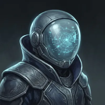 A Commander in armour and a clear helmet, the visor glowing with a cyan display.