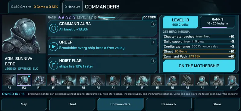 The Commanders screen: a visored Commander with their aura, order and flag, and a row of the other Commanders below.