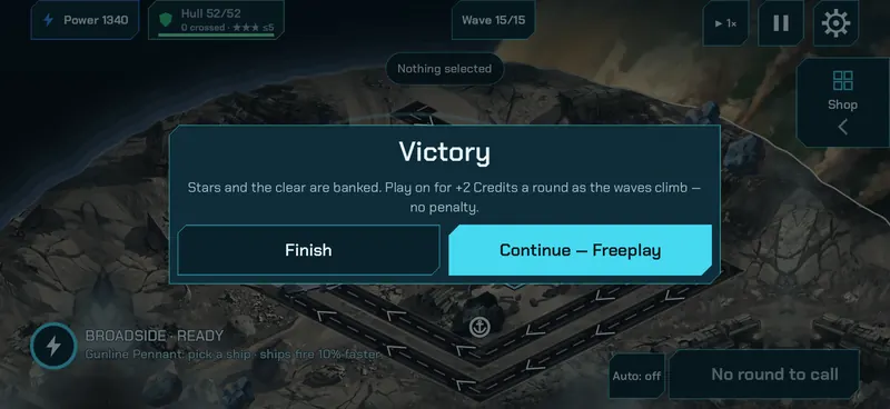 A victory screen offering to finish or continue into Freeplay.